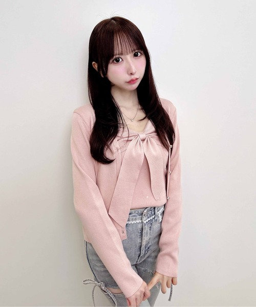 INGNI(イング)の「【WEB限定】リボンキャミ+ニットカーディガン/セット(アンサンブル・レディース・ピンク/ブラック/アイボリー・M)」の5枚目の写真