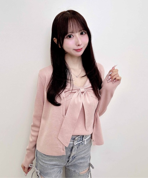 INGNI(イング)の「【WEB限定】リボンキャミ+ニットカーディガン/セット(アンサンブル・レディース・ピンク/ブラック/アイボリー・M)」の6枚目の写真