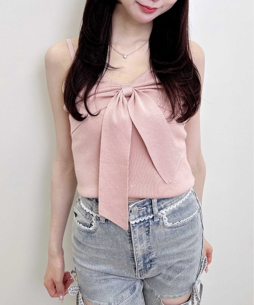 INGNI(イング)の「【WEB限定】リボンキャミ+ニットカーディガン/セット(アンサンブル・レディース・ピンク/ブラック/アイボリー・M)」の7枚目の写真