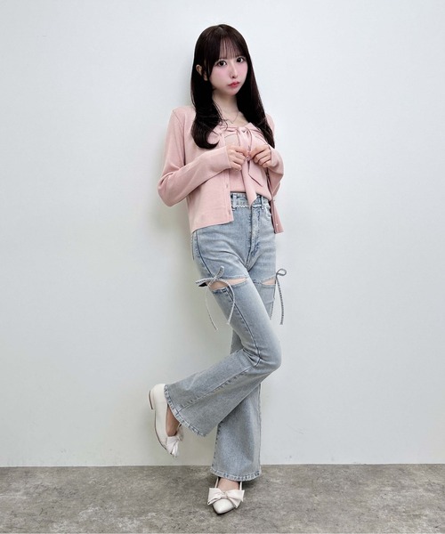 INGNI(イング)の「【WEB限定】リボンキャミ+ニットカーディガン/セット(アンサンブル・レディース・ピンク/ブラック/アイボリー・M)」の10枚目の写真