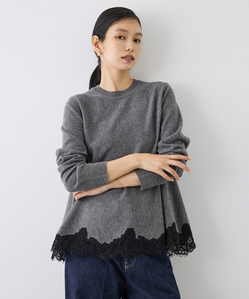 ROPE'（ロペ）の「【J'aDoRe・一部店舗限定サイズ】ヘムレースフレアニットプルオーバー/イージーケア（ニット/セーター・レディース・チャコールグレー/ブラック/オフホワイト・38）」の3枚目の写真