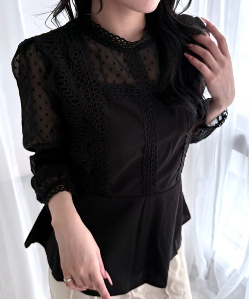 merrylatte(メリーラテ)の「ドットシアーレース ペプラム長袖ブラウス(シャツ/ブラウス・レディース・ブラック・L/M)」の4枚目の写真