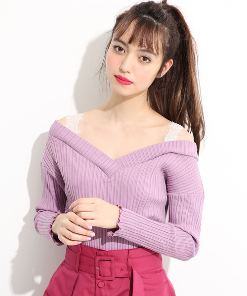 one after another NICE CLAUP(ワンアフターアナザーナイスクラップ)の「Vあき肩レーストップス(Tシャツ/カットソー・レディース・ブラック/パープル/グレー/オフホワイト・フリー)」の19枚目の写真