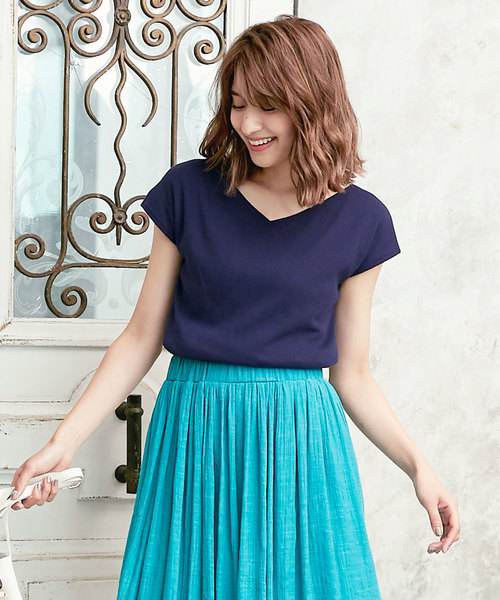 KOBE LETTUCE（コウベレタス）の「インナー透け防止二枚仕立て！前後2Wayフレンチスリーブテレコリブカットソー＊トップス/レディース[C3286]神戸レタス（Tシャツ/カットソー・レディース・オフホワイト/レッド/グリーン/ネイビー/ブラック/カーキ・FREE）」の6枚目の写真