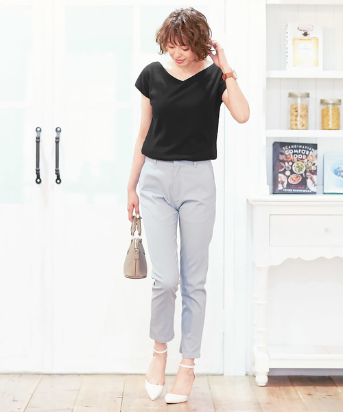 KOBE LETTUCE（コウベレタス）の「インナー透け防止二枚仕立て！前後2Wayフレンチスリーブテレコリブカットソー＊トップス/レディース[C3286]神戸レタス（Tシャツ/カットソー・レディース・オフホワイト/レッド/グリーン/ネイビー/ブラック/カーキ・FREE）」の12枚目の写真