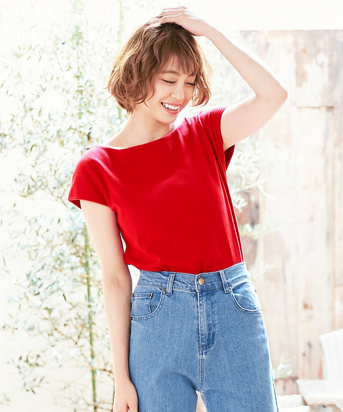 KOBE LETTUCE（コウベレタス）の「インナー透け防止二枚仕立て！前後2Wayフレンチスリーブテレコリブカットソー＊トップス/レディース[C3286]神戸レタス（Tシャツ/カットソー・レディース・オフホワイト/レッド/グリーン/ネイビー/ブラック/カーキ・FREE）」の16枚目の写真