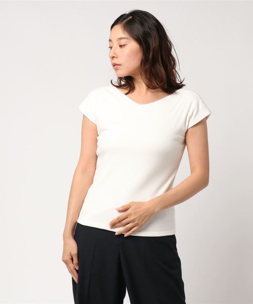 KOBE LETTUCE（コウベレタス）の「インナー透け防止二枚仕立て！前後2Wayフレンチスリーブテレコリブカットソー＊トップス/レディース[C3286]神戸レタス（Tシャツ/カットソー・レディース・オフホワイト/レッド/グリーン/ネイビー/ブラック/カーキ・FREE）」の9枚目の写真