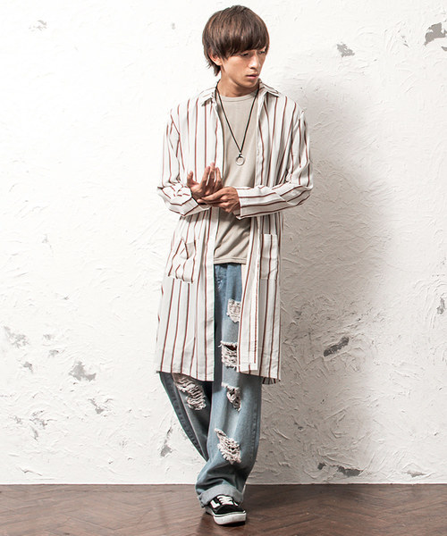 MinoriTY（マイノリティ）の「スーパーロング長袖シャツ/ストライプ（シャツ/ブラウス・メンズ・ネイビー/ブラック/ワイン/ホワイト/ピンク・M/L）」の6枚目の写真