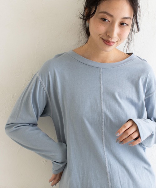 Mysa&Liina（ミーサリーナ）の「ステッチロングTシャツ（Tシャツ/カットソー・レディース・ブラック/ベージュ/オフホワイト/サックスブルー・M）」の4枚目の写真