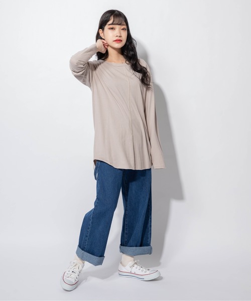 Mysa&Liina（ミーサリーナ）の「ステッチロングTシャツ（Tシャツ/カットソー・レディース・ブラック/ベージュ/オフホワイト/サックスブルー・M）」の9枚目の写真