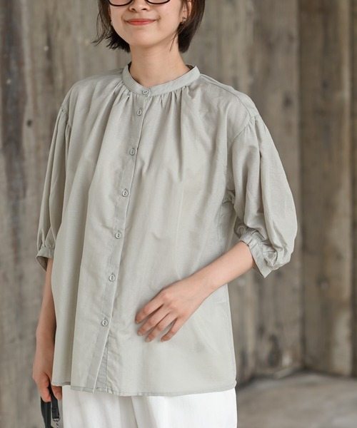 rps（アールピーエス）の「テンセル綿麻バンドカラー７分袖シャツ（シャツ/ブラウス・レディース・オフホワイト/グレイッシュベージュ/ライトカーキ/ブルー/ストライプ/ブラック/チェック・M/フリー）」の4枚目の写真