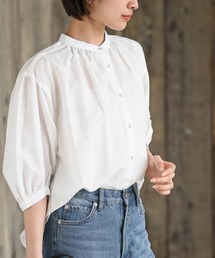 テンセル綿麻バンドカラー７分袖シャツ