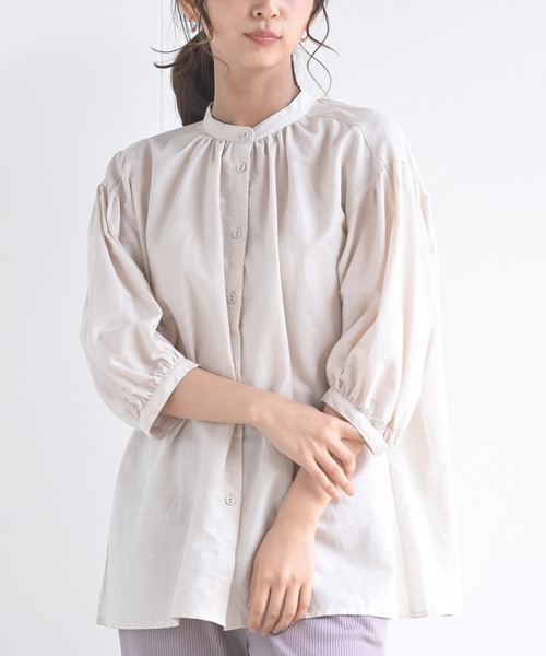 rps（アールピーエス）の「テンセル綿麻バンドカラー７分袖シャツ（シャツ/ブラウス・レディース・オフホワイト/グレイッシュベージュ/ライトカーキ/ブルー/ストライプ/ブラック/チェック・M/フリー）」の3枚目の写真