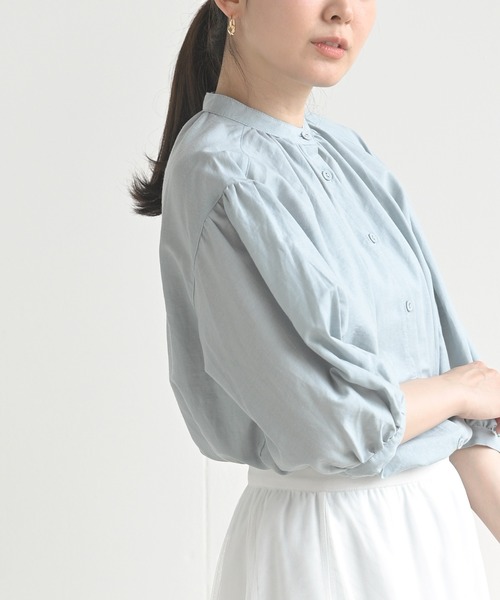 rps（アールピーエス）の「テンセル綿麻バンドカラー７分袖シャツ（シャツ/ブラウス・レディース・オフホワイト/グレイッシュベージュ/ライトカーキ/ブルー/ストライプ/ブラック/チェック・M/フリー）」の5枚目の写真