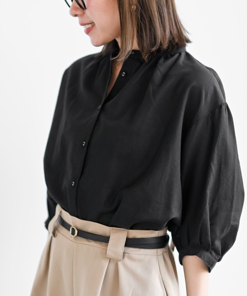 rps（アールピーエス）の「テンセル綿麻バンドカラー７分袖シャツ（シャツ/ブラウス・レディース・オフホワイト/グレイッシュベージュ/ライトカーキ/ブルー/ストライプ/ブラック/チェック・M/フリー）」の2枚目の写真