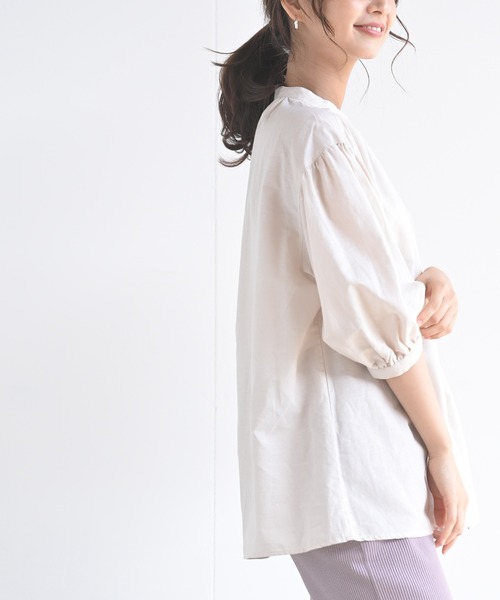 rps（アールピーエス）の「テンセル綿麻バンドカラー７分袖シャツ（シャツ/ブラウス・レディース・オフホワイト/グレイッシュベージュ/ライトカーキ/ブルー/ストライプ/ブラック/チェック・M/フリー）」の9枚目の写真