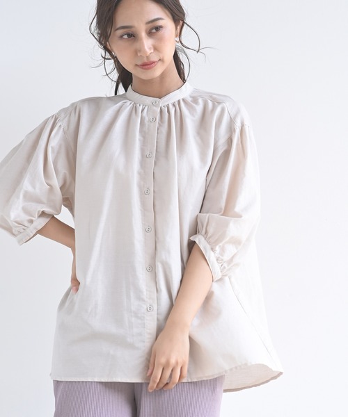 rps（アールピーエス）の「テンセル綿麻バンドカラー７分袖シャツ（シャツ/ブラウス・レディース・オフホワイト/グレイッシュベージュ/ライトカーキ/ブルー/ストライプ/ブラック/チェック・M/フリー）」の14枚目の写真