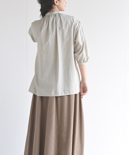 rps（アールピーエス）の「テンセル綿麻バンドカラー７分袖シャツ（シャツ/ブラウス・レディース・オフホワイト/グレイッシュベージュ/ライトカーキ/ブルー/ストライプ/ブラック/チェック・M/フリー）」の22枚目の写真