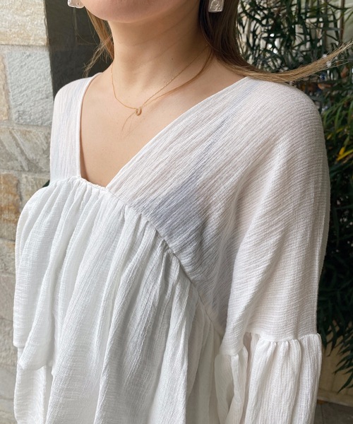 StyleSea(スタイルシー)の「ティアードフリル深Vネックトップス(袖リボン)(シャツ/ブラウス・レディース・オフホワイト/ブラック/ベージュ・FREE)」の12枚目の写真