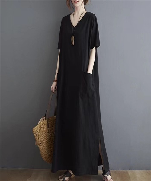 セール ワンピース Free Stylists フリー Stylists フリー 麻綿 ｖネックサイドスリット Iラインワンピース ワンピース Free スタイリスト のファッション