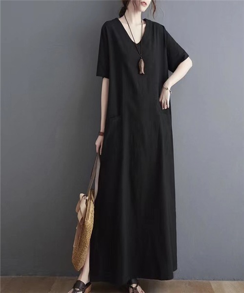 セール ワンピース Free Stylists フリー Stylists フリー 麻綿 ｖネックサイドスリット Iラインワンピース ワンピース Free スタイリスト のファッション