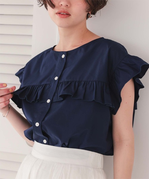 titivate（ティティベイト）の「フレンチスリーブフリルブラウス（シャツ/ブラウス・レディース・ベージュ系その他/ブラック/オフホワイト/ブルー系その他/グリーン系その他/ブラック系その他/ネイビー・S/M）」の7枚目の写真