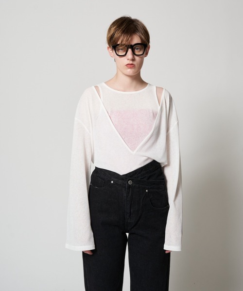 Solace（ソレイス）の「シアーリブVネックレイヤードトップス（Tシャツ/カットソー・レディース・グリーン/ホワイト/ブラック・FREE）」の2枚目の写真