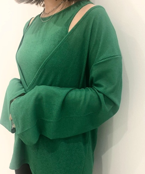 Solace（ソレイス）の「シアーリブVネックレイヤードトップス（Tシャツ/カットソー・レディース・グリーン/ホワイト/ブラック・FREE）」の6枚目の写真