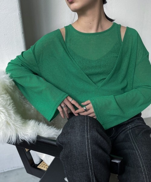 Solace（ソレイス）の「シアーリブVネックレイヤードトップス（Tシャツ/カットソー・レディース・グリーン/ホワイト/ブラック・FREE）」の15枚目の写真