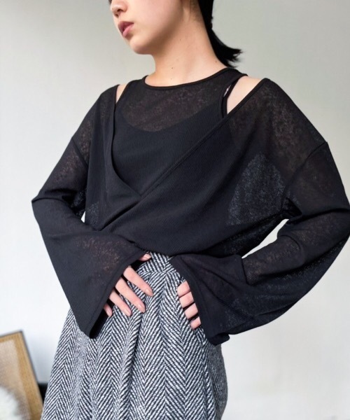 Solace（ソレイス）の「シアーリブVネックレイヤードトップス（Tシャツ/カットソー・レディース・グリーン/ホワイト/ブラック・FREE）」の16枚目の写真