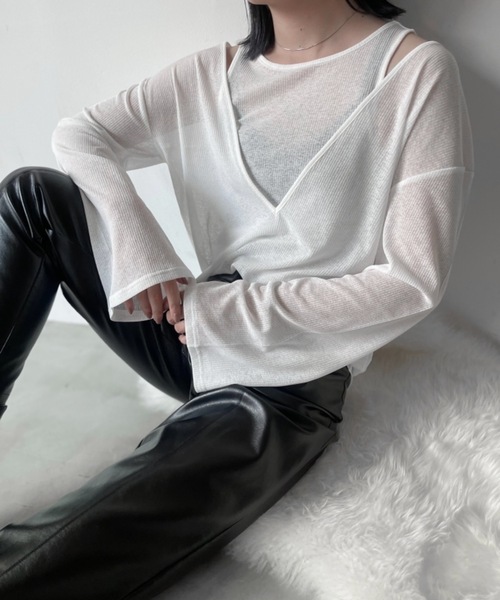 Solace（ソレイス）の「シアーリブVネックレイヤードトップス（Tシャツ/カットソー・レディース・グリーン/ホワイト/ブラック・FREE）」の17枚目の写真