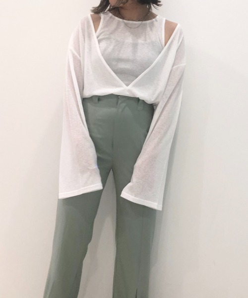 Solace（ソレイス）の「シアーリブVネックレイヤードトップス（Tシャツ/カットソー・レディース・グリーン/ホワイト/ブラック・FREE）」の9枚目の写真