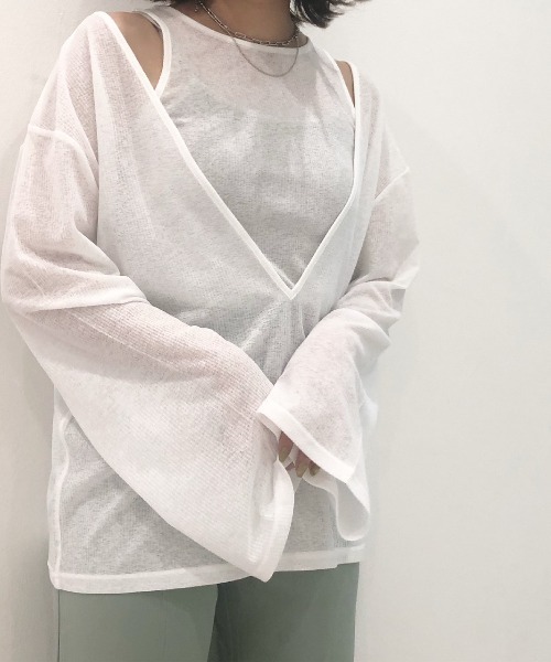 Solace（ソレイス）の「シアーリブVネックレイヤードトップス（Tシャツ/カットソー・レディース・グリーン/ホワイト/ブラック・FREE）」の18枚目の写真