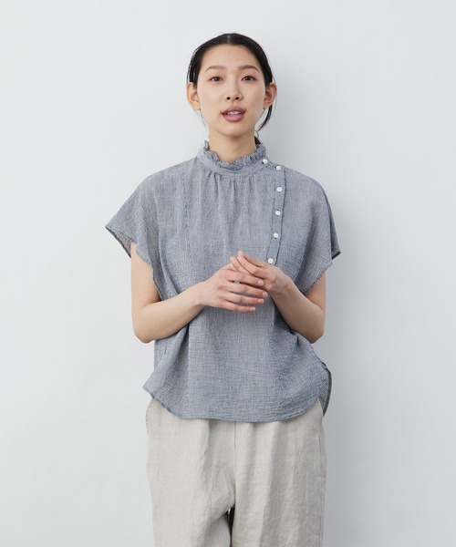 LOISIR ブラウス シャツ リネンフリルカラーブラウス レディース