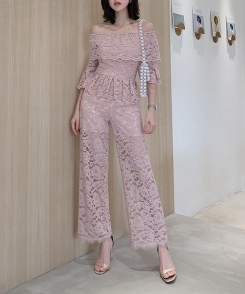 Jasmine Grandiflorum(ジャスミングランディフローラム)の「【Jasmine】総レースピンクオフショルセットアップ (SS)(ワンピース・レディース・ピンク・SMALL)」の1枚目の写真