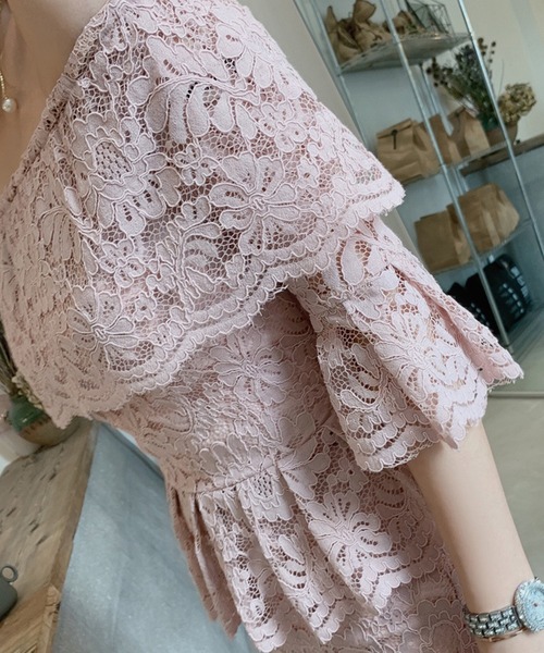 Jasmine Grandiflorum(ジャスミングランディフローラム)の「【Jasmine】総レースピンクオフショルセットアップ (SS)(ワンピース・レディース・ピンク・SMALL)」の6枚目の写真