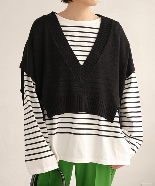 ＡＮＤＪ（アンドジェイ）の「リネンタッチ深Vネックニットベスト（ベスト・レディース・グリーン/ブラック・M）」の2枚目の写真