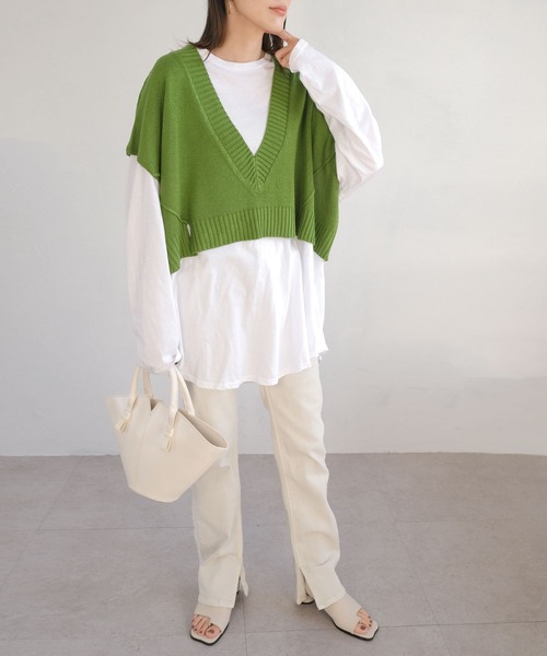 ＡＮＤＪ（アンドジェイ）の「リネンタッチ深Vネックニットベスト（ベスト・レディース・グリーン/ブラック・M）」の13枚目の写真