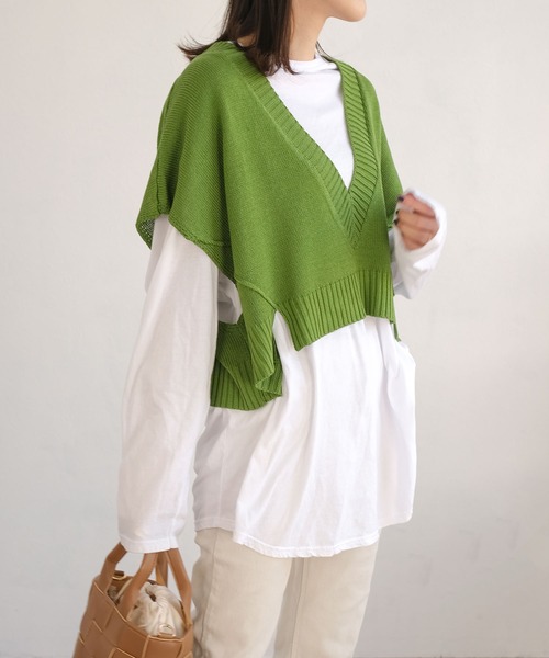 ＡＮＤＪ（アンドジェイ）の「リネンタッチ深Vネックニットベスト（ベスト・レディース・グリーン/ブラック・M）」の9枚目の写真