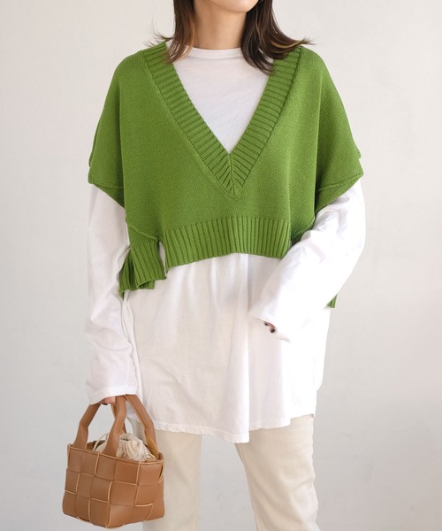 ＡＮＤＪ（アンドジェイ）の「リネンタッチ深Vネックニットベスト（ベスト・レディース・グリーン/ブラック・M）」の3枚目の写真