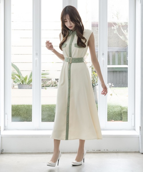 Julia Boutique（ジュリアブティック）の「フレア・配色デザインシャツワンピース/22087（ワンピース・レディース・ホワイト/ブラック/ベージュ/グリーン系・ONE）」の4枚目の写真