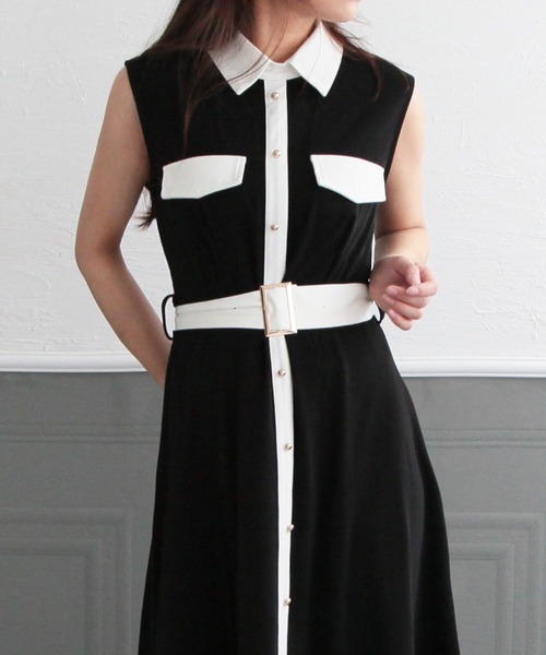 Julia Boutique（ジュリアブティック）の「フレア・配色デザインシャツワンピース/22087（ワンピース・レディース・ホワイト/ブラック/ベージュ/グリーン系・ONE）」の12枚目の写真