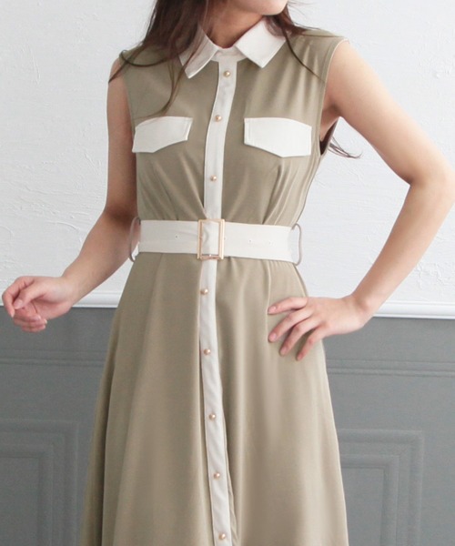 Julia Boutique（ジュリアブティック）の「フレア・配色デザインシャツワンピース/22087（ワンピース・レディース・ホワイト/ブラック/ベージュ/グリーン系・ONE）」の20枚目の写真