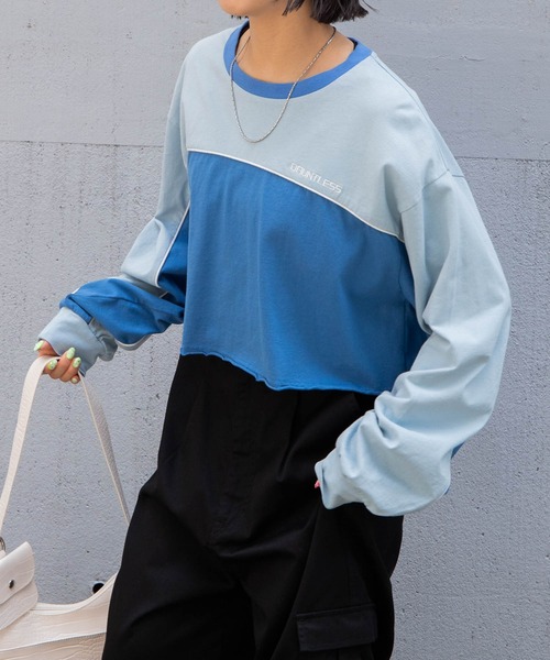 WEGO（ウィゴー）の「WEGO/パイピング切替ロンT（Tシャツ/カットソー・レディース・ブラック/サックスブルー・FREE）」の2枚目の写真