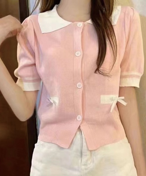 Twinkle;pm(トゥインクルピーエム)の「襟付きリボンサマーニットトップス(ニット/セーター・レディース・ブラック/ベージュ/ピンク・FREE)」の3枚目の写真