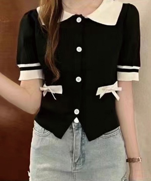 Twinkle;pm(トゥインクルピーエム)の「襟付きリボンサマーニットトップス(ニット/セーター・レディース・ブラック/ベージュ/ピンク・FREE)」の2枚目の写真