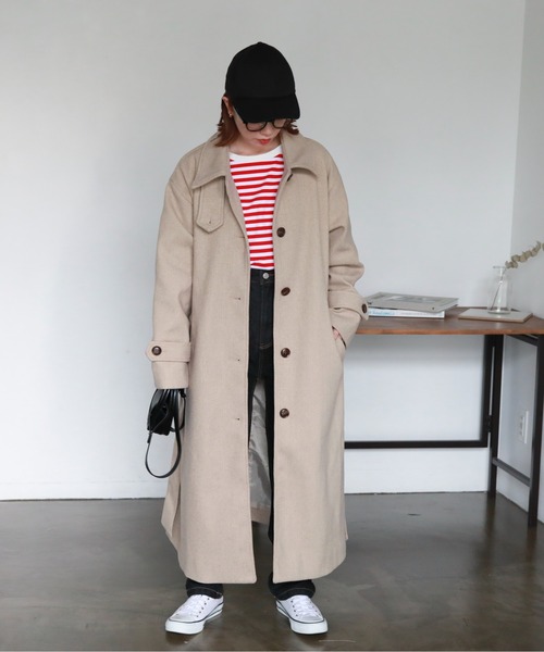 feepur（フェピュール）の「スタンドカラーロングコート（ステンカラーコート・レディース・ブラック/ベージュ/杢グレー・SMALL/MEDIUM）」の8枚目の写真