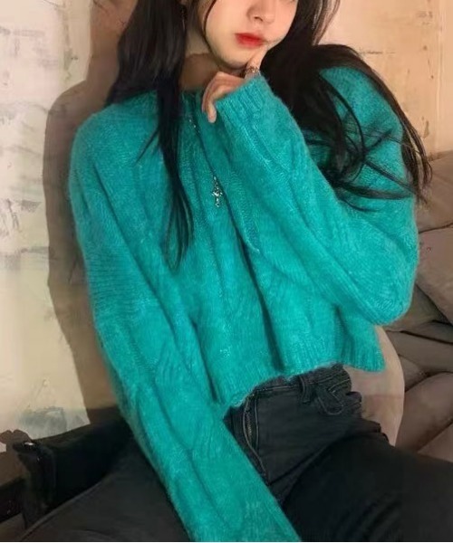 ibeul_（イベール）の「ソフトバルキーアラン柄ニット（ニット/セーター・レディース・グリーン/ピンク/ブルー/ホワイト・FREE）」の10枚目の写真