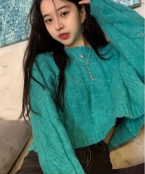 ibeul_（イベール）の「ソフトバルキーアラン柄ニット（ニット/セーター・レディース・グリーン/ピンク/ブルー/ホワイト・FREE）」の15枚目の写真