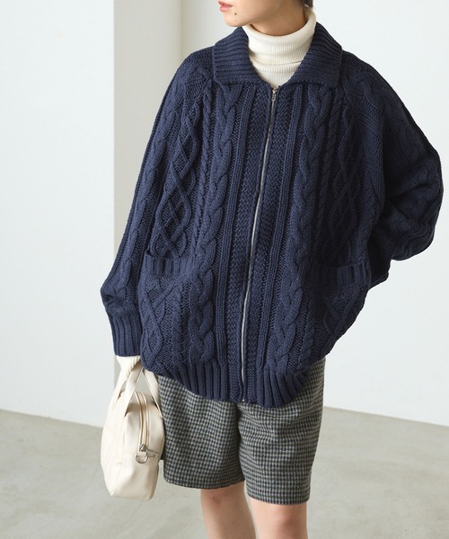 forksy.(フォルクシー)の「【forksy.】オーバーサイズジップカウチンニットカーディガン(カーディガン/ボレロ・レディース・レッド/ネイビー/アイボリー/ブラック×ホワイト・FREE)」の3枚目の写真